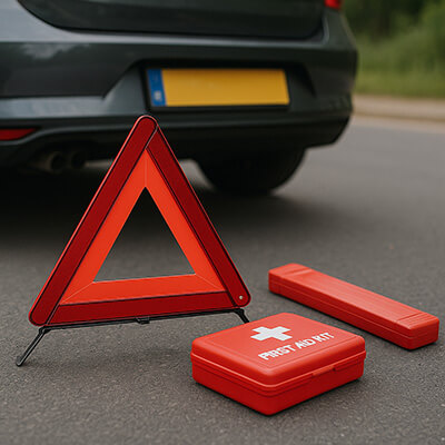 Gevarendriehoek EHBO boos in de auto